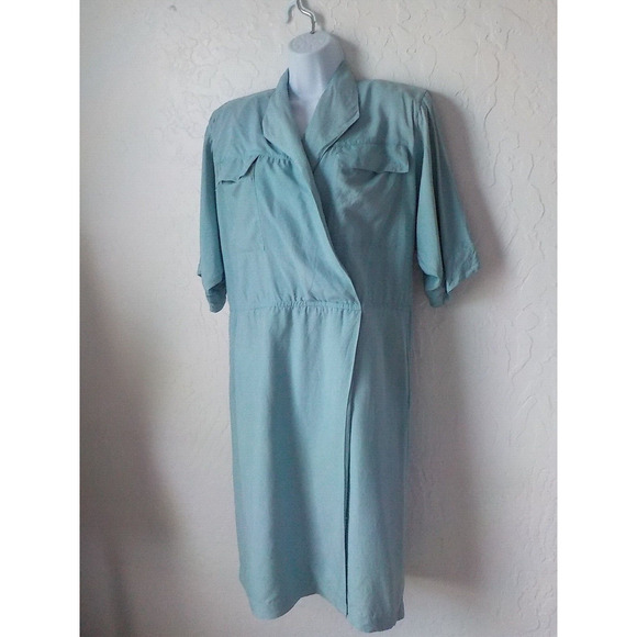 VTG 100% Silk Oleg Cassini Blue Teal Midi Dress Women 8 Faux Wrap Utility 90s - Picture 5 of 11